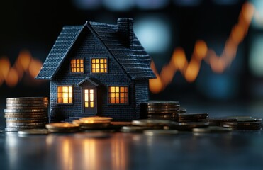Poster - Miniature black house model illuminated with warm lights surrounded by stacks of coins on a blurred background representing financial growth and investment opportunities
