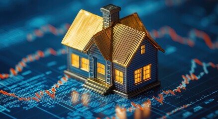 Poster - Miniature house model on a financial graph background symbolizing real estate investment and market trends in economic analysis for property buyers