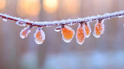 Poster - frozen droplets of sap on maple tree branch glinting in soft light of winter morning with blurred forest background