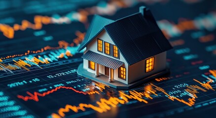 Poster - Miniature house model on financial chart background showcasing real estate investment trends and economic growth potential for market analysis
