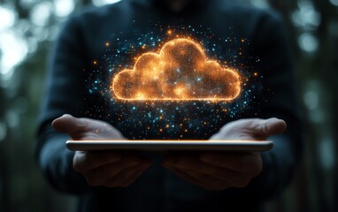 Aufkleber - 3D cloud computing hologram on tablet in businessman s hands, blurry bokeh background, database and storage concept, double exposure style