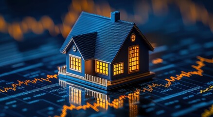 Poster - Miniature house model on financial charts demonstrating real estate investment trends and market fluctuations, showcasing finance and property dynamics