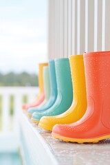 Poster - kids rain boots in colorful row on porch each pair unique with raindrops glistening in soft light