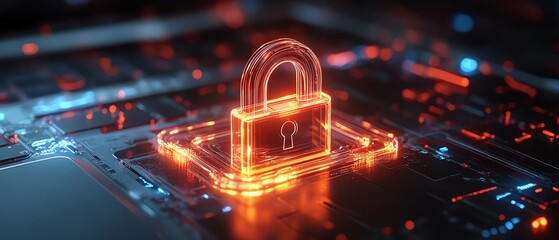 Leinwandbilder - 3D rendering of digital padlock hologram on top of a laptop, symbolizing data protection and cybersecurity on a desk