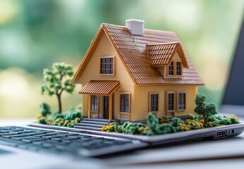 Poster - Miniature House Model on Laptop Keyboard Symbolizing Real Estate Technology and Modern Home Buying Concepts in Digital Age