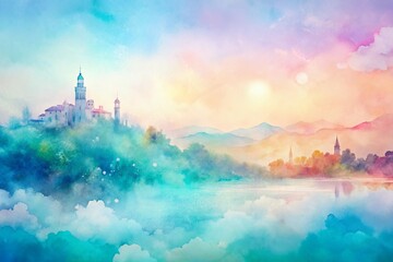 Poster - Pastel Watercolor Panoramic Background: Minimalist Abstract Painting Texture with Copy Space