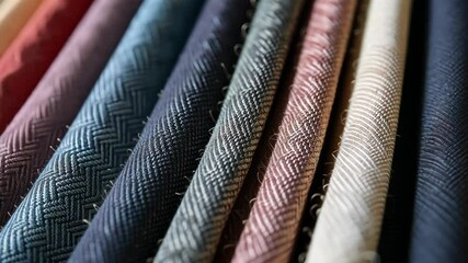 Poster - A row of different colored fabric with a blue stripe. The blue stripe is on the left side of the row
