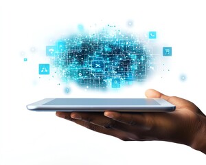 Poster - Businessman holding tablet with hovering digital security icons above, representing data protection, cybersecurity, and digital security on white background