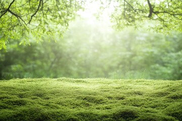 Poster - mossy ground covered in soft green hues illuminated by sunlight filtering through tree branches