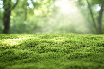Aufkleber - mossy ground covered in soft green hues illuminated by sunlight filtering through tree branches