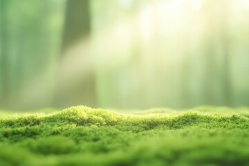 Aufkleber - mossy ground covered in soft green hues illuminated by sunlight filtering through tree branches