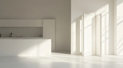 Poster - minimalist kitchen with white counters and a folding screen near a white wall.