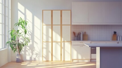 Poster - minimalist kitchen with white counters and a folding screen near a white wall.