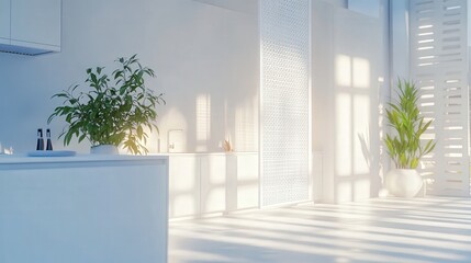 Poster - minimalist kitchen with white counters and a folding screen near a white wall.