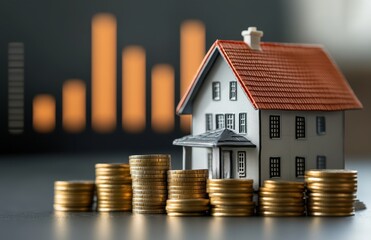 Poster - Miniature house model surrounded by stacked coins with financial growth chart in background highlighting investment in real estate and wealth accumulation strategy