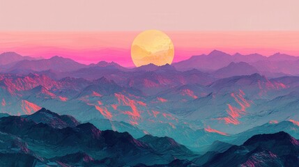 Poster - Majestic mountain range illuminated by a full moon casting ethereal light over serene landscape