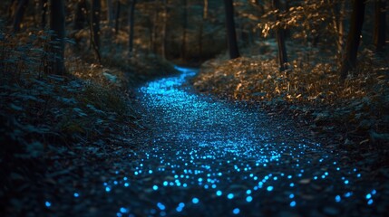 Wall Mural - twilight woodland trail, where bioluminescent fungi glow faintly in the dark.