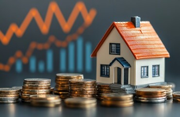 Poster - Miniature house model with coins representing real estate investment growth against a digital background of financial charts and graphs