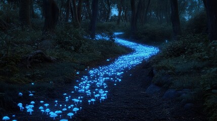Wall Mural - twilight woodland trail, where bioluminescent fungi glow faintly in the dark.