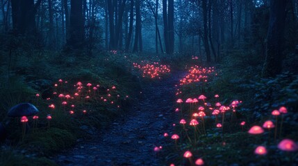 Wall Mural - twilight woodland trail, where bioluminescent fungi glow faintly in the dark.