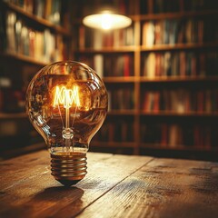 Poster - Vintage light bulb illuminated on a wooden table creating a warm atmosphere with soft glow