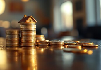 Poster - Miniature house on stack of coins representing real estate investment, financial growth, and economic prosperity in soft focus background