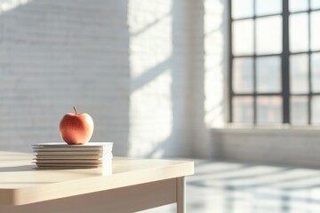 Poster - teacher desk in empty classroom with sitting on stack of notebooks highlighting its symbol of knowledge and learning