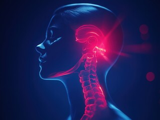 Poster - Human Head and Spine Anatomy Digital 3D Model with Red and Blue Glow