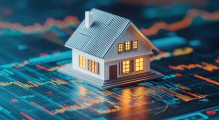 Poster - Miniature Model House on Financial Graph Background Reflecting Real Estate Investment Trends and Economic Data Analysis
