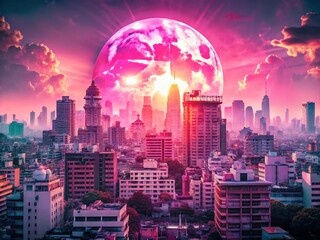 Poster - Pink Cityscape Sunset: Double Exposure Dreamy Urban Landscape Photo