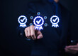 © WICHAI - Businessman holding quality certification mark, audit, business, assurance, control, digital, service, complete, assessment, checklist, data with quality icon.