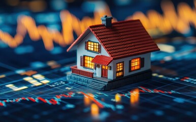 Poster - Model house placed on financial market stock charts showing investment trends in real estate and property ownership concepts in a digital environment