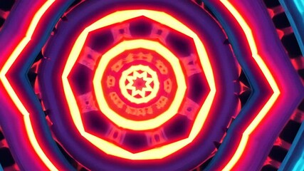 Poster - A colorful design with a red center and blue and orange surrounding it. The design is made up of many small shapes