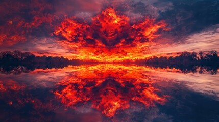 Poster - the surreal beauty of red and orange flames mirrored in a lake.