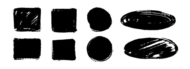 Poster - Square and round dry paint stain set. Black grunge geometric chalk collection. Textured brush stroke element pack. Hand drawn charcoal blobs for frame, template, poster, banner, text box. Vector