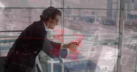 Poster - Using smartphone, businessman analyzing digital data animation in office setting