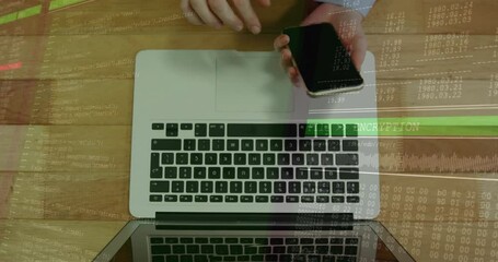 Poster - Hands holding smartphone over laptop with encryption data processing animation