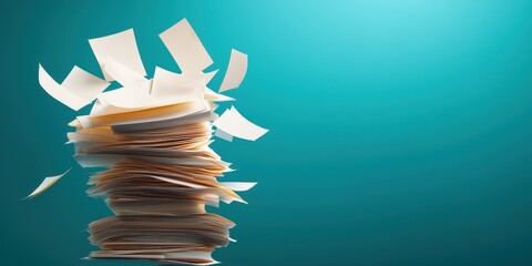 Aufkleber - A dynamic stack of scattered papers against a teal background, symbolizing chaos and disorganization in a professional setting.