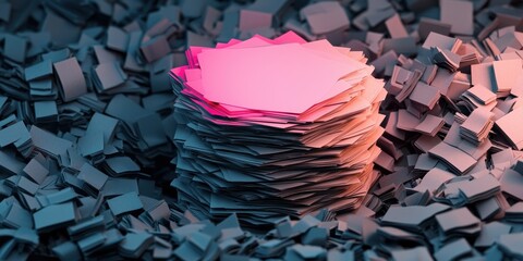 Poster - A vibrant stack of colorful paper sits surrounded by small paper scraps, creating a visually striking contrast in a creative setting.