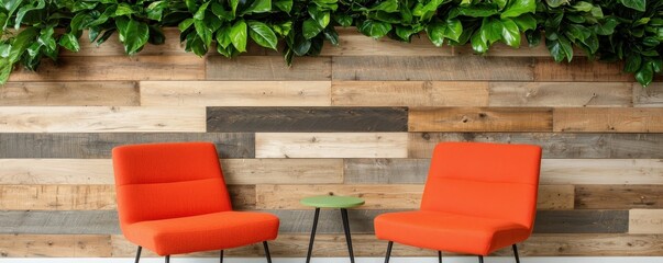 Poster - A cozy space featuring two bright orange chairs and a lush green wall, perfect for relaxation and conversation.