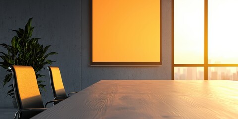 Aufkleber - A modern office space with a large table, two chairs, and a vibrant sunset view through large windows.