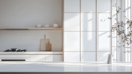 Poster - minimalist kitchen where white counters and a folding screen blend harmoniously with a white wall, creating a spacious and peaceful cooking space