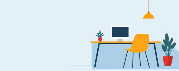 Poster - A modern workspace featuring a desk, computer, and potted plants, creating a fresh and minimalistic environment.