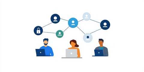 Fototapete - Three individuals work on laptops, connected by a network. Icons represent communication and security in a digital environment.