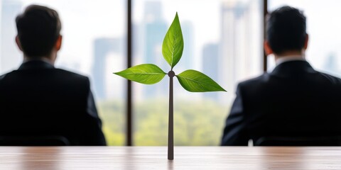 Poster - A small plant grows on a table, symbolizing growth and sustainability, with two businessmen seated in the background, suggesting a focus on eco-friendly practices.