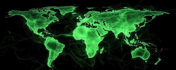 Poster - A glowing green map of the world, highlighting geographical features and connections in a vibrant, digital style.