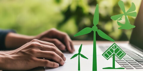 Poster - A person typing on a laptop with green illustrations of wind turbines and solar panels, symbolizing renewable energy and environmental awareness.