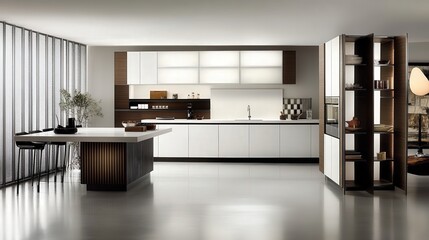 Poster - contemporary kitchen where white counters and a folding screen create a minimalist ambiance near a soft white wall