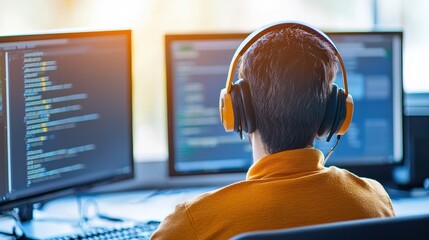 Fototapete - A person wearing headphones is focused on coding at dual computer screens, immersed in a programming environment with soft sunlight illuminating the workspace.