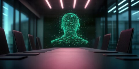 Aufkleber - A futuristic conference room featuring a glowing digital head silhouette, symbolizing AI and technology in communication.